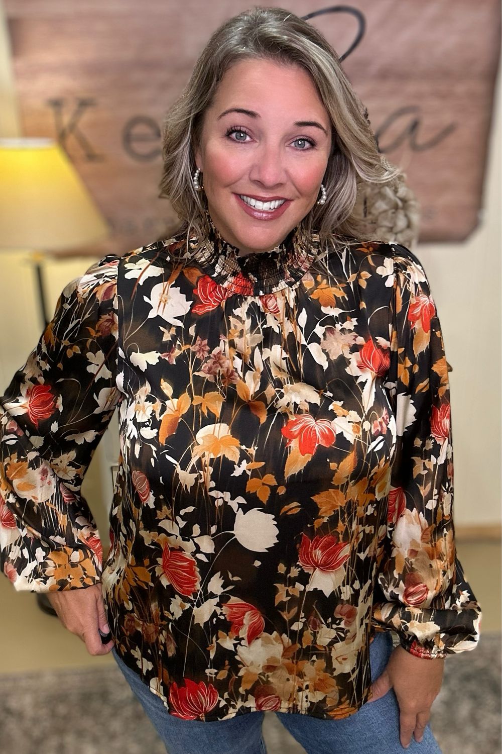 Black Satin Floral Blouse