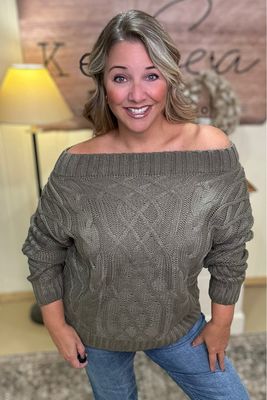 Olive Cable Knit Off Shoulder Sweater