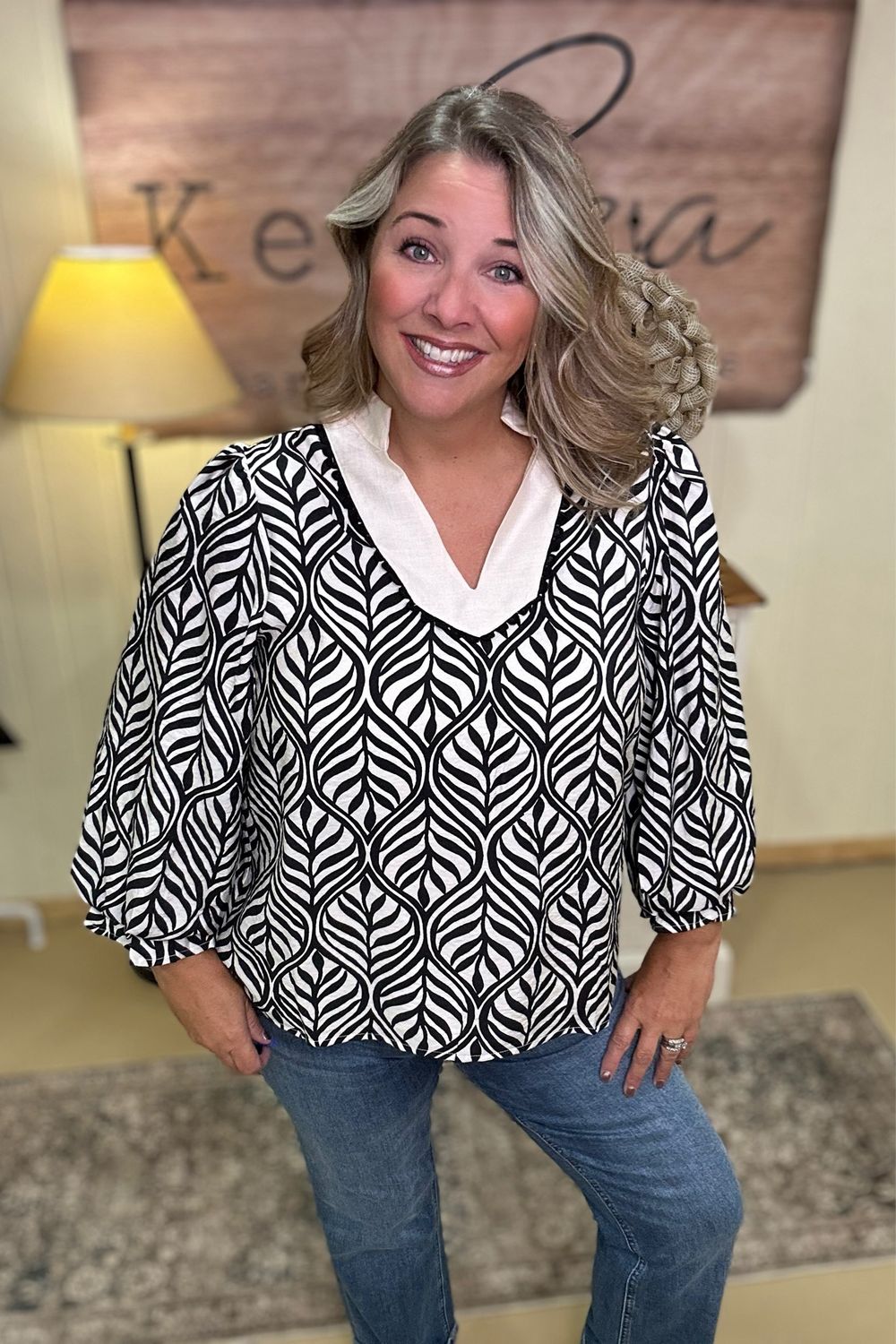 Black Leaf Print Blouse