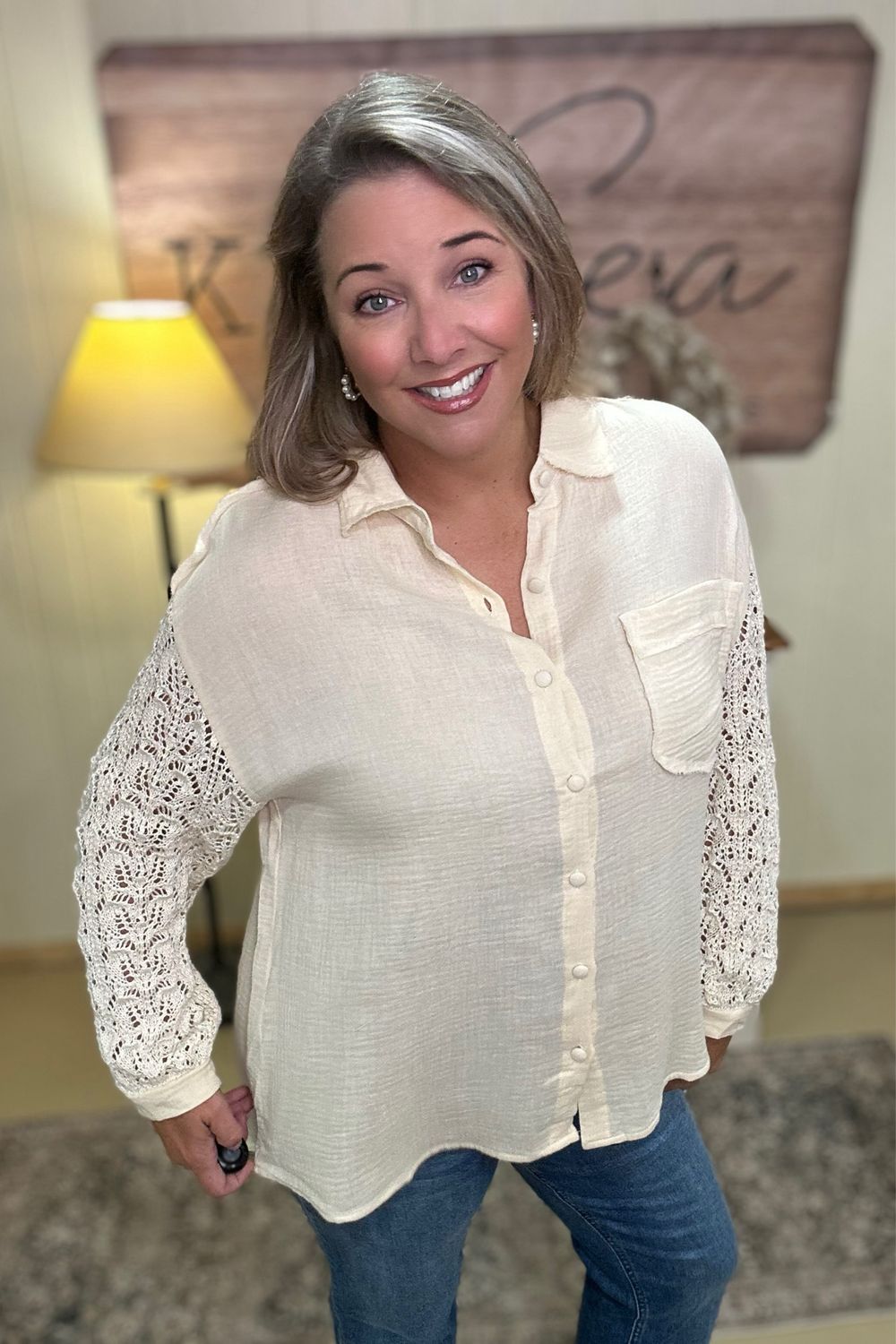 Natural Sweater Sleeve Gauze Blouse