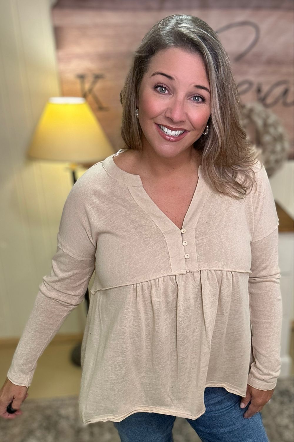 Oatmeal Linen Blend Babydoll Tee