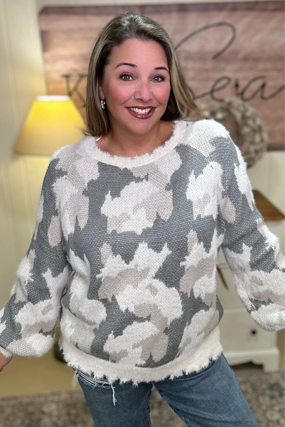 Cream Camo Eyelash Sweater