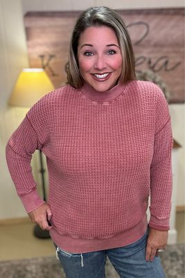 Red Pear Chunky Waffle Mock Neck Pullover