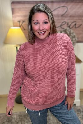 Red Pear Chunky Waffle Mock Neck Pullover