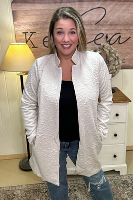 Elegant Oatmeal Jacquard Midi Blazer