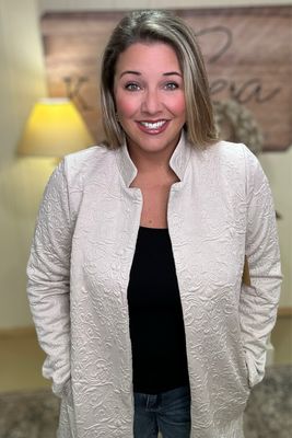 Elegant Oatmeal Jacquard Midi Blazer