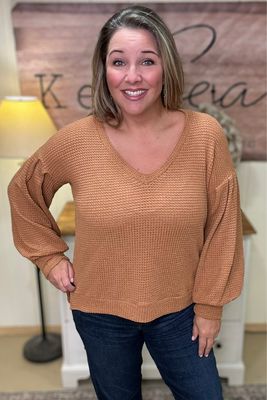Camel Waffle V-neck Top