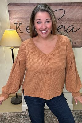 Camel Waffle V-neck Top