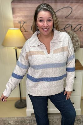 Oatmeal Striped Collared Sweater