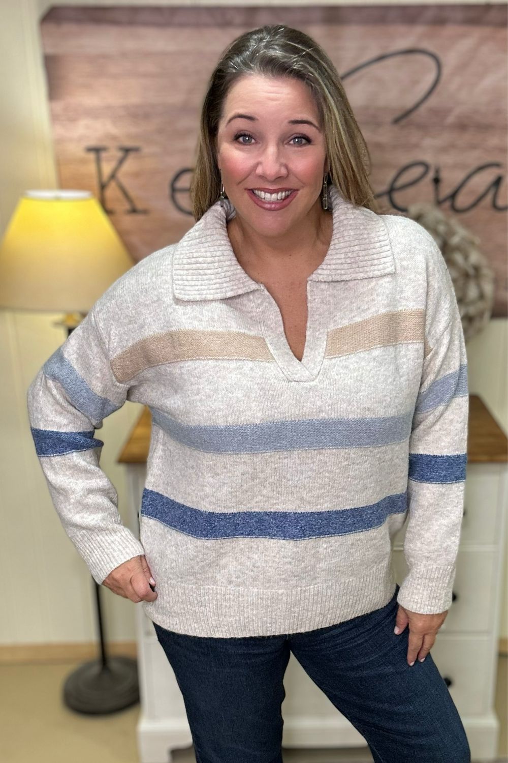 Oatmeal Striped Collared Sweater