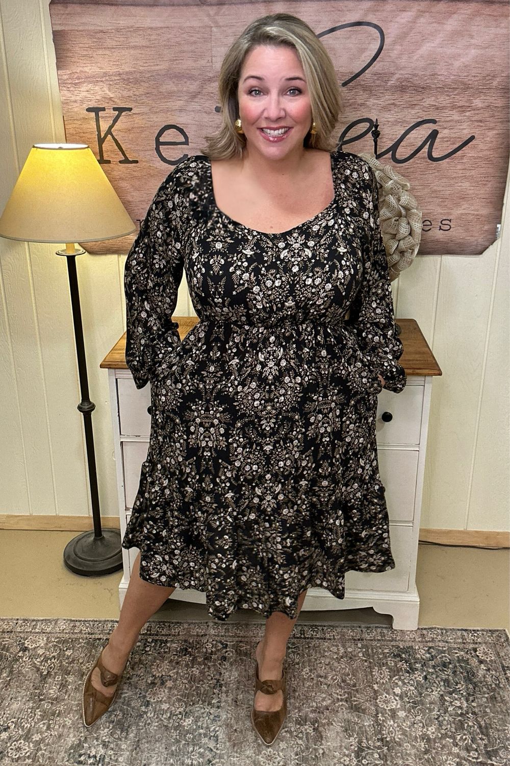 Black Floral Midi Dress