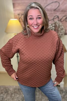 Toffee Quilted Mock Neck Pullover