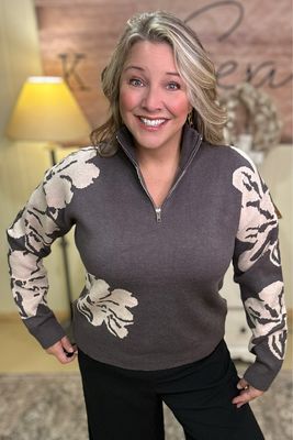 Charcoal Half Zip Floral Pullover