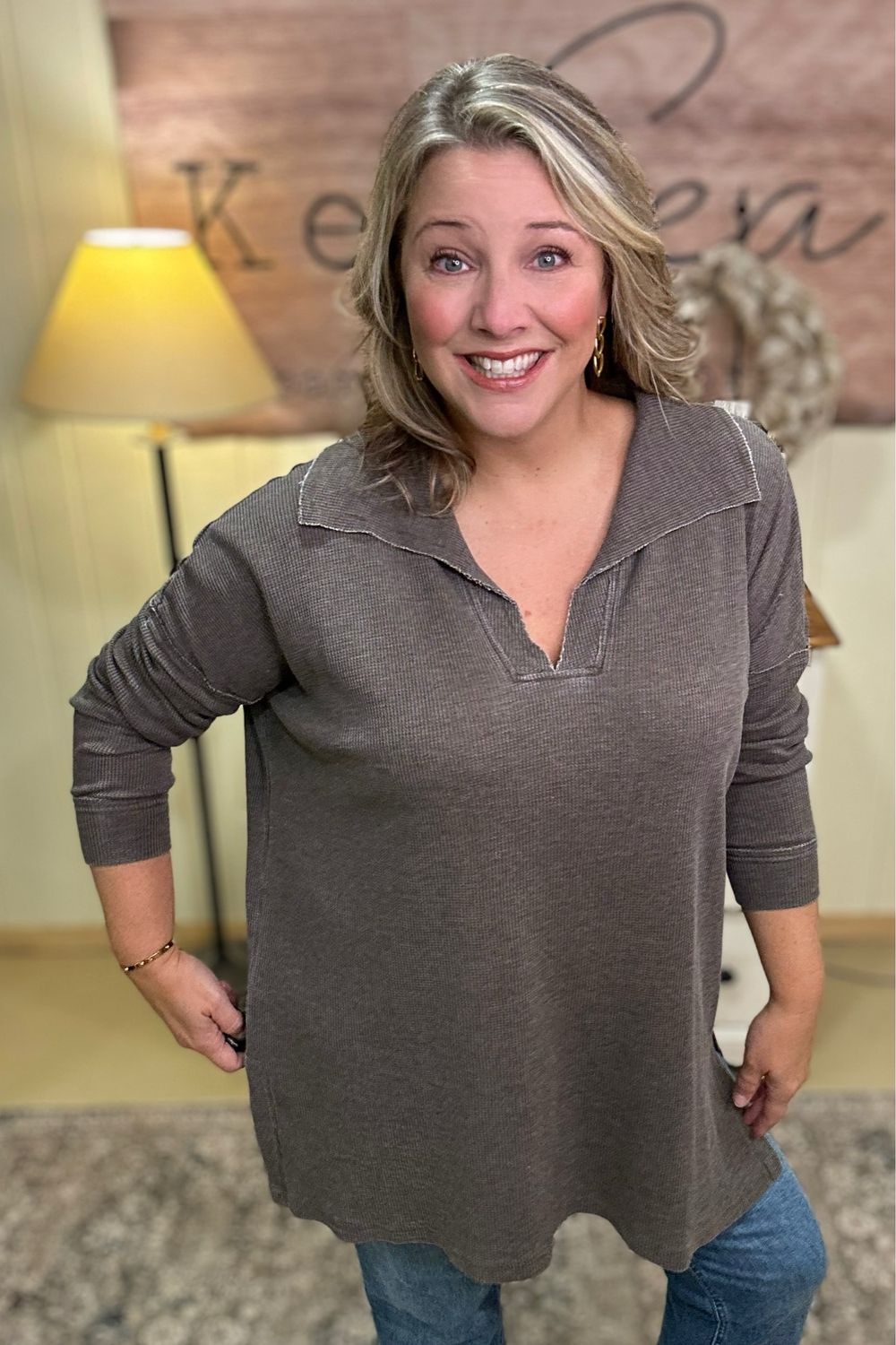 Lightweight Espresso Waffle Collar Tunic