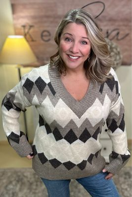 Argyle Geometric Print V-Neck Sweater