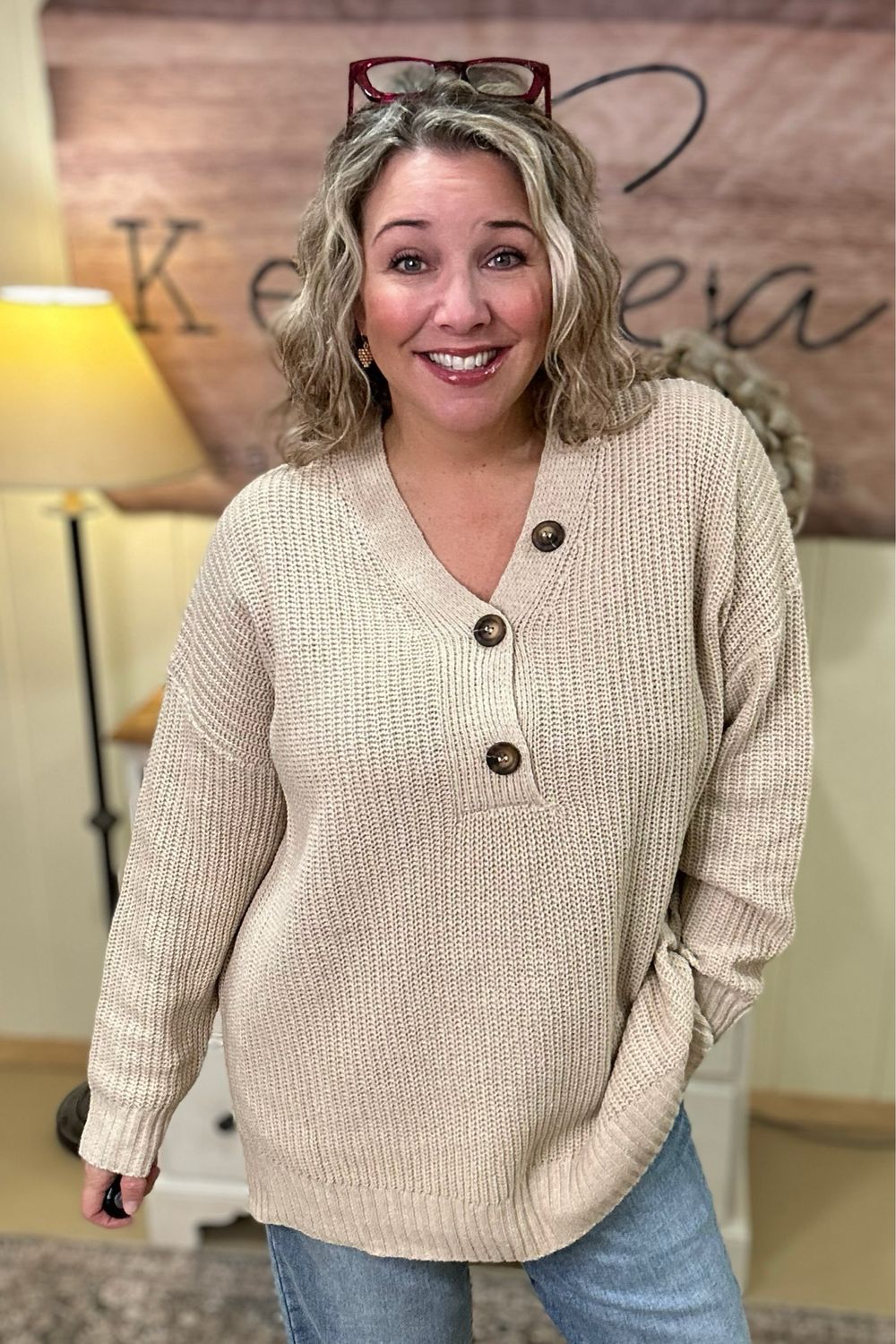 Oatmeal Button V-neck Sweater