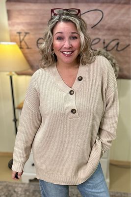 Oatmeal Button V-neck Sweater