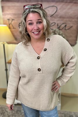 Oatmeal Button V-neck Sweater