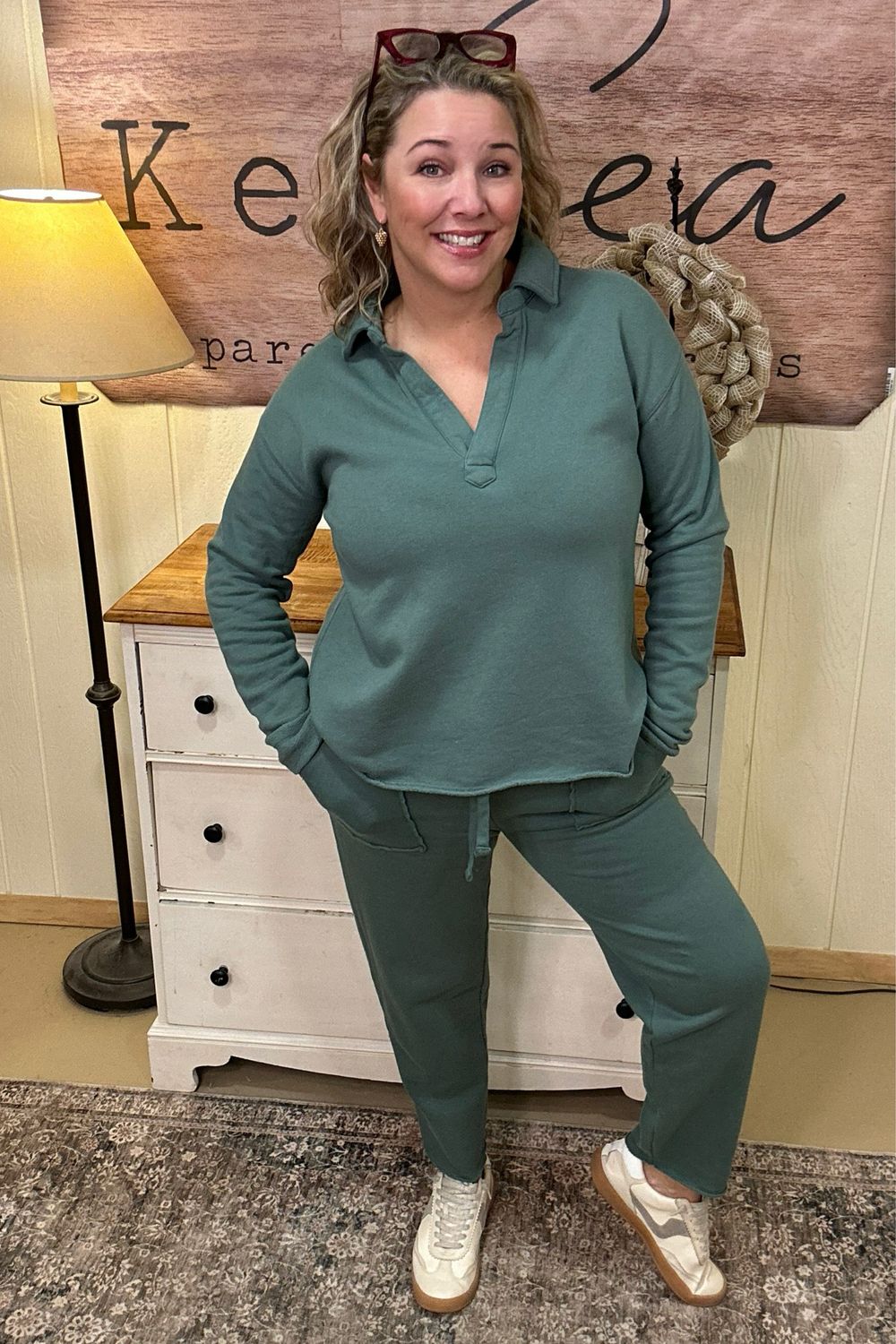 Silky Pine Collared Henley Set