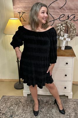 Black Textured Velvet Off Shoulder Dress
