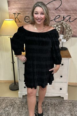 Black Textured Velvet Off Shoulder Dress