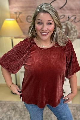 PLUS Rosewood Velvet Ribbed Sleeve Blouse