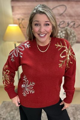 Red Sequin Snowflake Sweater