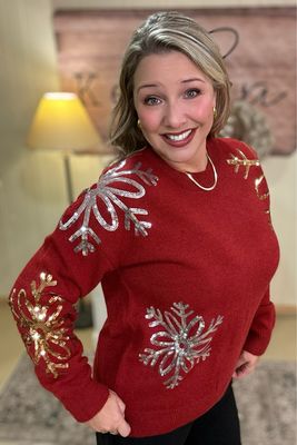 Red Sequin Snowflake Sweater