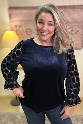 Navy Velvet Polka Dot Lace Blouse
