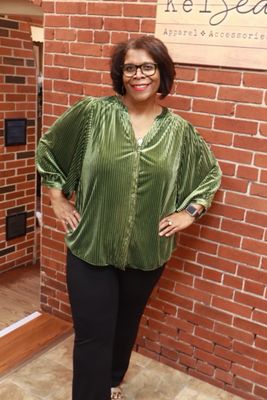 Olive Velvet V-Notched Blouse
