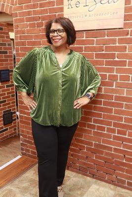 Olive Velvet V-Notched Blouse