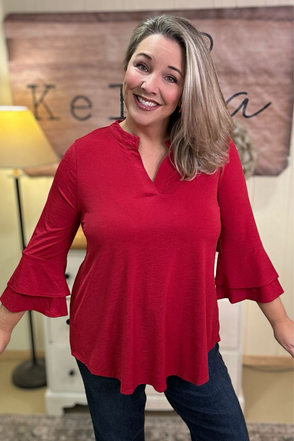 Jewel Red Slinky Bell Sleeve Top