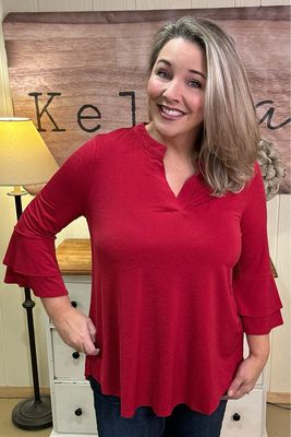 Jewel Red Slinky Bell Sleeve Top