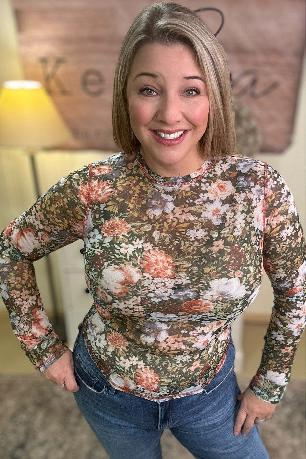 Olive Floral Semi Sheer Mesh Layering Top