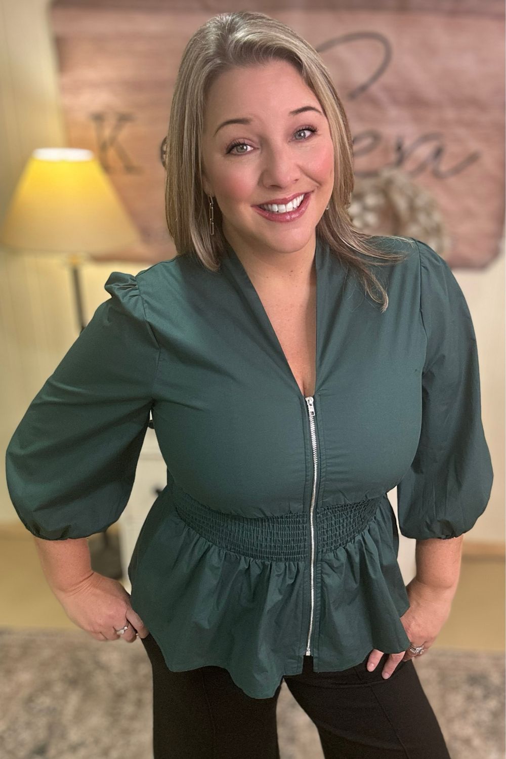 Sea Green Zip Peplum Blouse