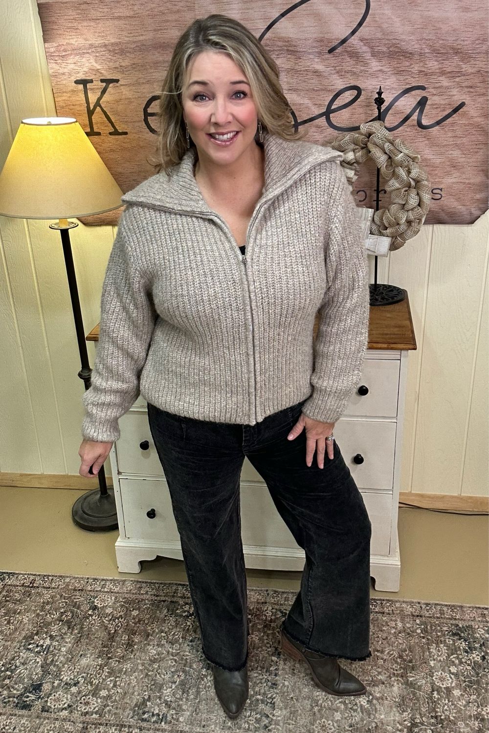 Heather Beige Zippered High Neck Sweater