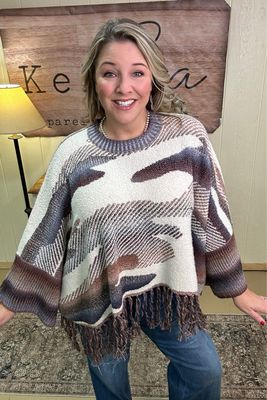 Navy/Ivory Camo Fringe Hem Pullover