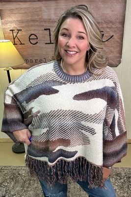 Navy/Ivory Camo Fringe Hem Pullover