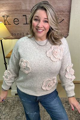 Oatmeal Floral Applique Sweater