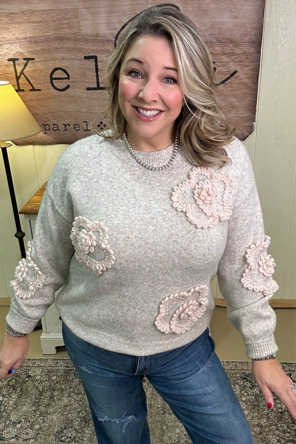 Oatmeal Floral Applique Sweater