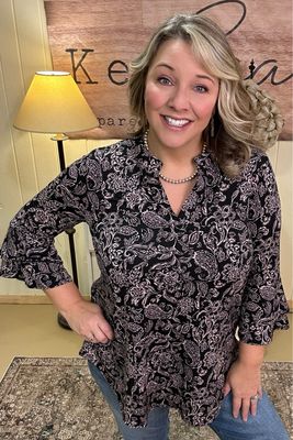 Black Paisley Bell Sleeve Top