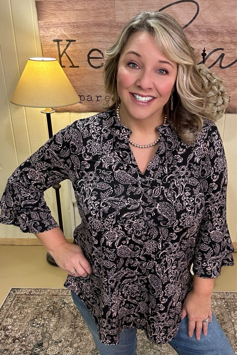 Black Paisley Bell Sleeve Top