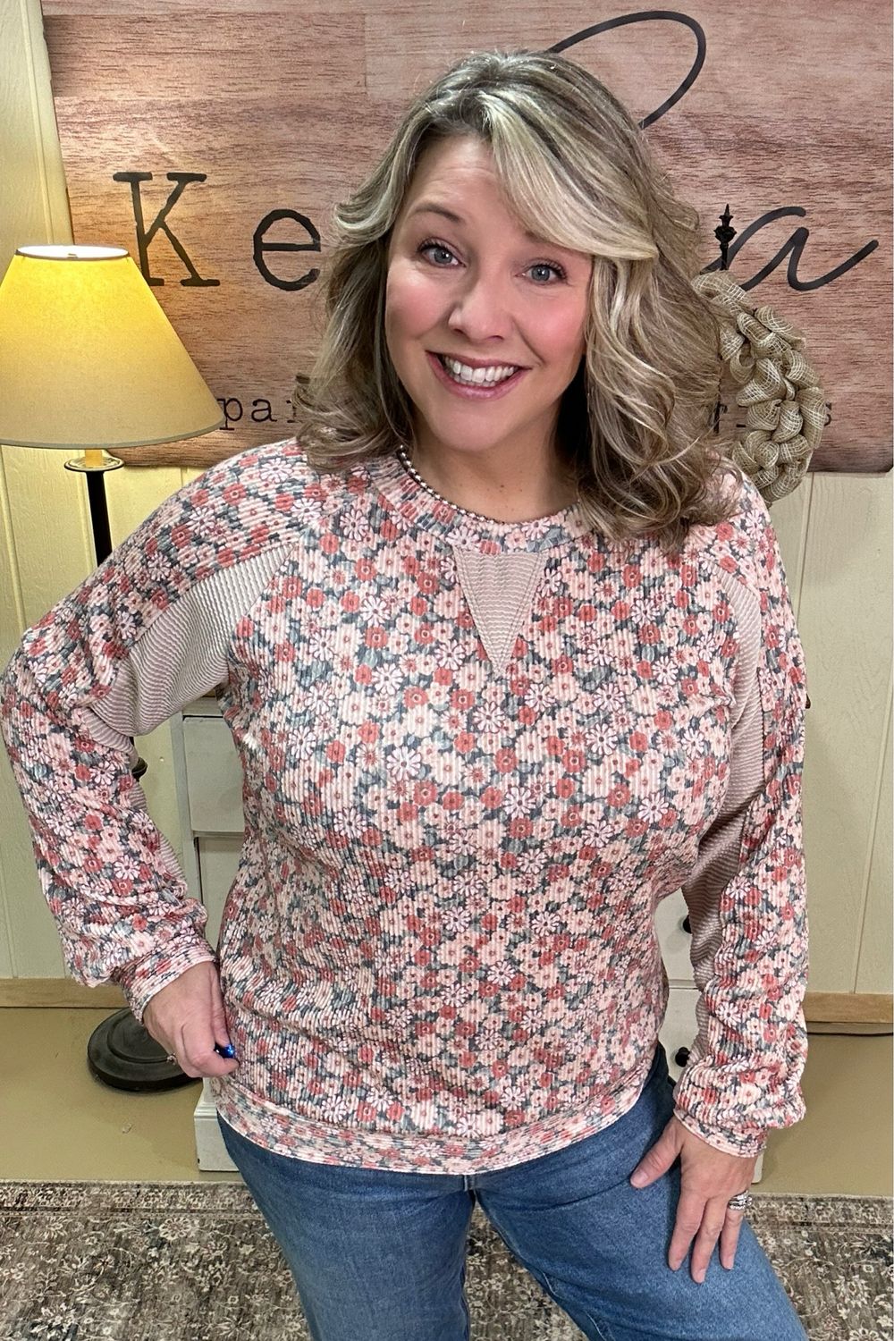 Pink Floral Rib Knit Top