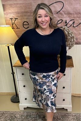 Navy & Ivory Floral Midi Skirt