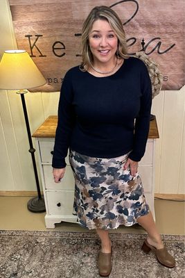 Navy &amp; Ivory Floral Midi Skirt