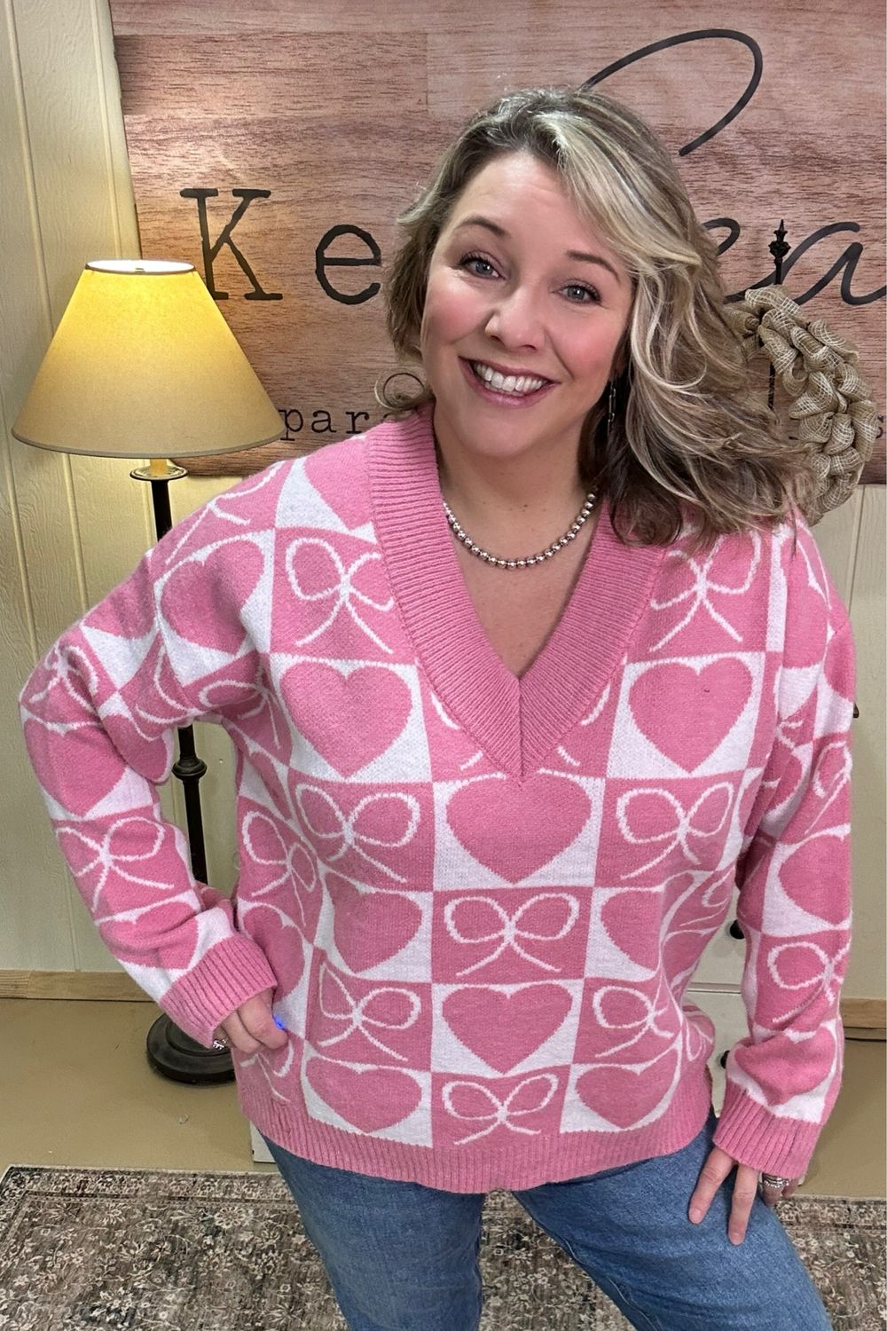 Candy Pink Heart &amp; Bow Checkered Sweater
