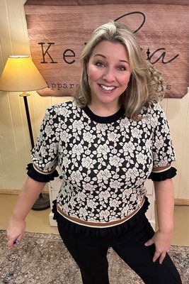 Black Textured Rose Short Sleeve Top