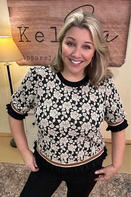 Black Textured Rose Short Sleeve Top