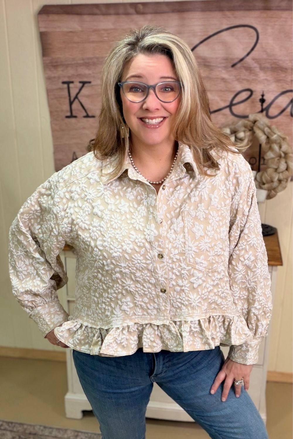 Beige Floral Textured Peplum Shacket