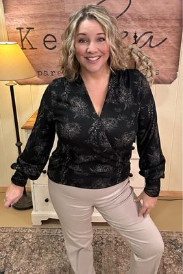 Black Floral Hacci Surplice Top